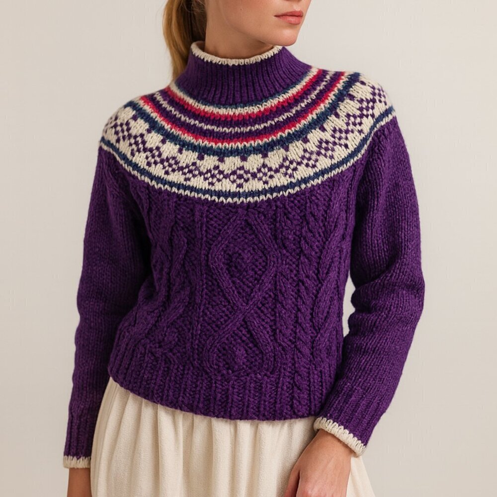Vintage Fair Isle Purple Cable Knit Sweater 80s Nordic Cottagecore Cozy
